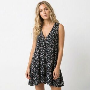 Millibon USA Black Floral Mini Dress S/M Boho Summer Festival Sun Dress Tiered